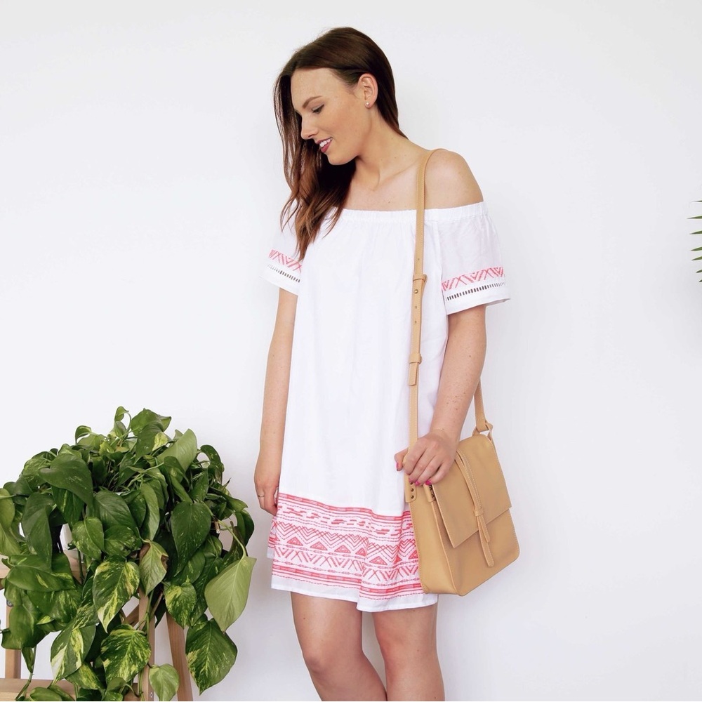 NWT Lucky Brand White and Orange Off-Shoulder Dress